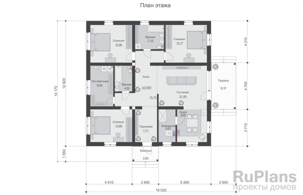 Планировка Одноэтажный дом с террасой, 3 спальнями, крыльцом и террасой Rg6179