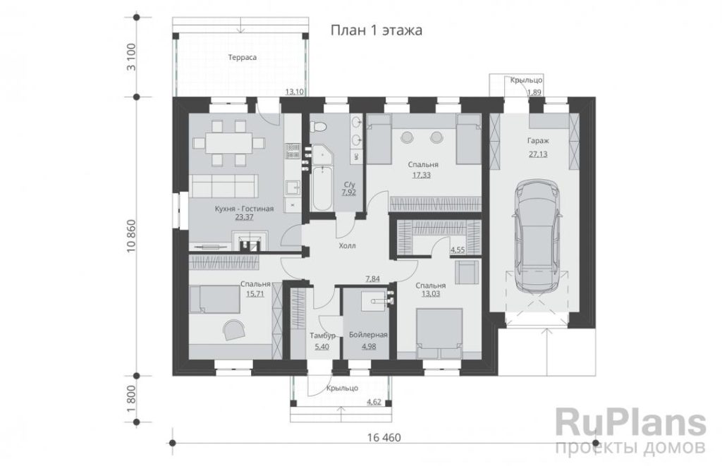Планировка Проект одноэтажного жилого дома с террасой и гаражом Rg5137