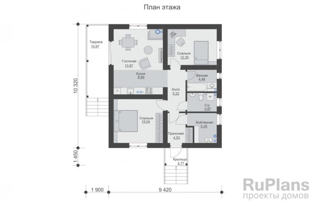 Планировка Одноэтажный дом с кухней-гостиной и двумя спальнями Rg6377