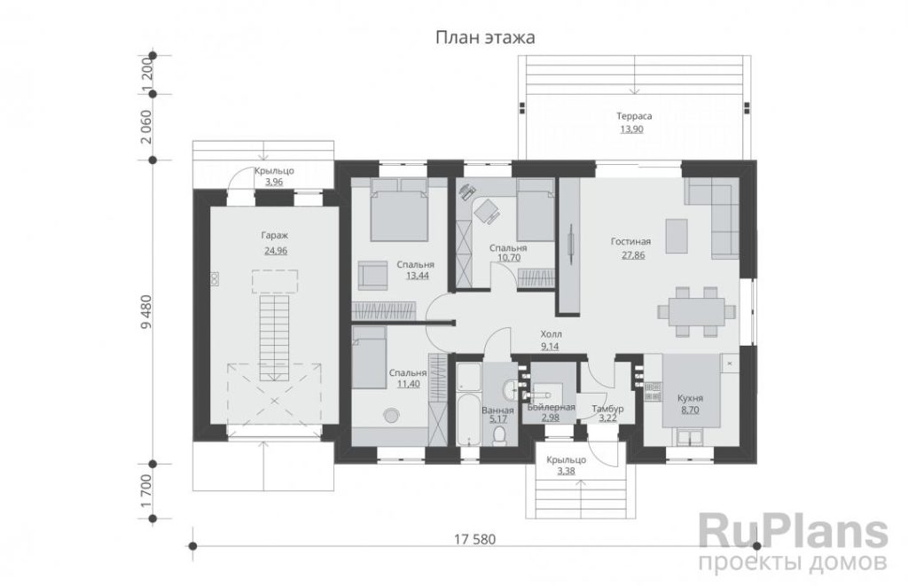 Планировка Одноэтажный дом с гаражом,  погребом и террасой Rg5513
