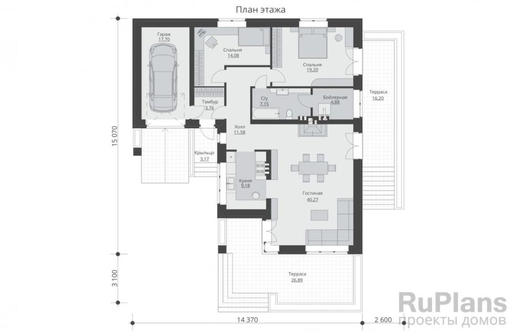 Планировка Одноэтажный жилой дом с террасами и гаражом Rg5739