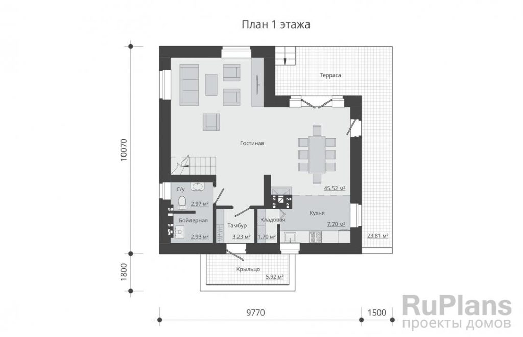 Планировка Одноэтажный дом с мансардой, террасой и балконом Rg5358