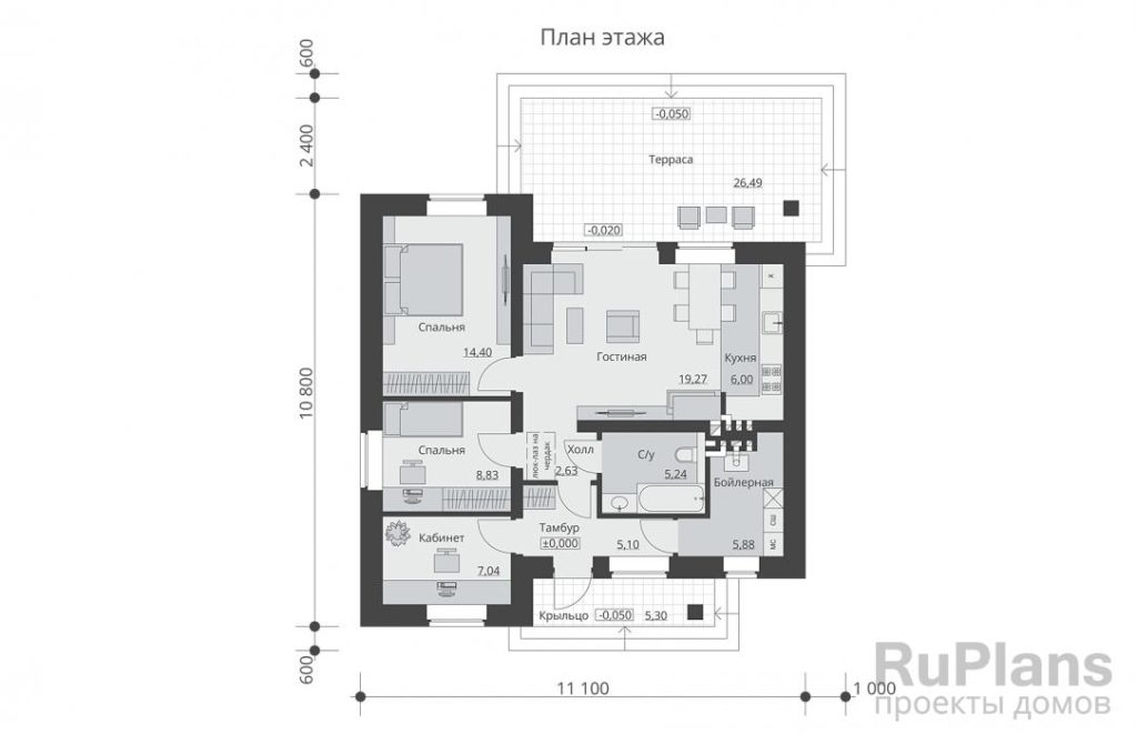 Планировка Одноэтажный дом с кабинетом, камином и выходом на чердак Rg6098