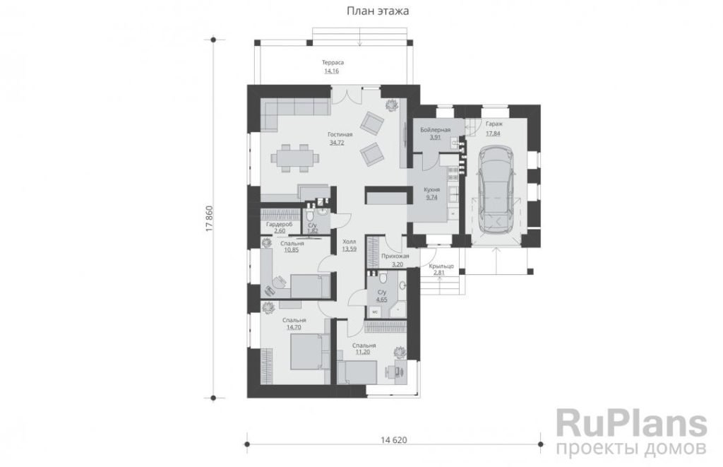 Планировка Проект одноэтажного дома с террасой и гаражом Rg5545