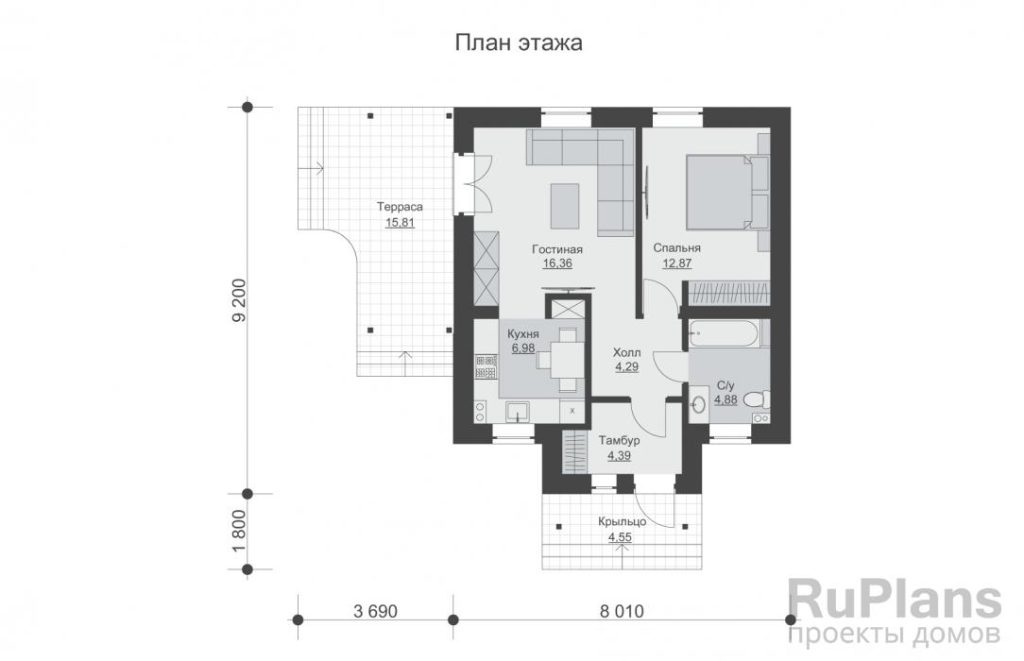 Планировка Одноэтажный дом с  террасой и 1 спальней Rg5470