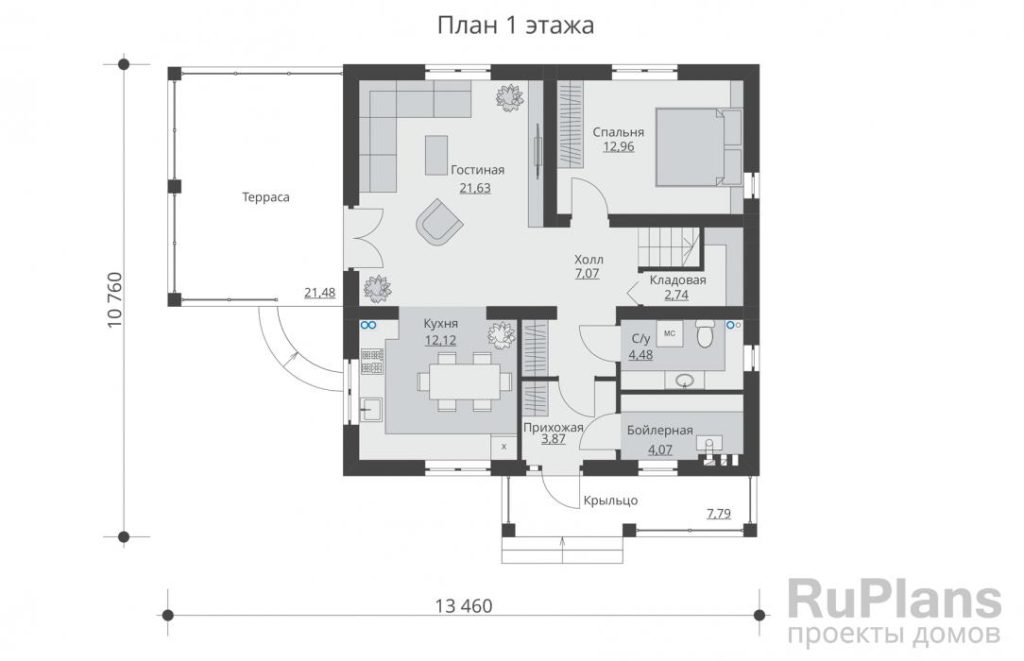 Планировка Одноэтажный жилой дом с мансардой и террасой Rg5592
