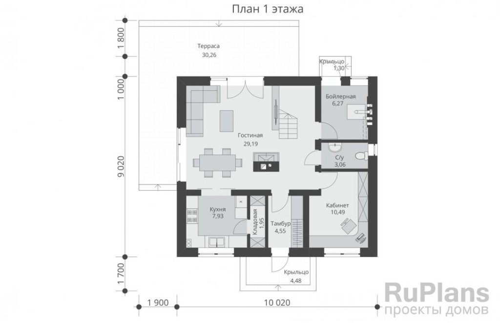 Планировка Одноэтажный дом с мансардой и  террасой Rg5403