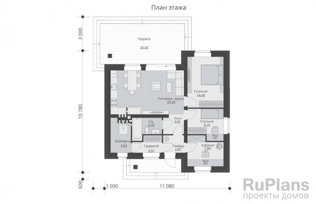 Планировка Одноэтажный дом с террасой, кабинетом и 2мя спальнями Rg6294