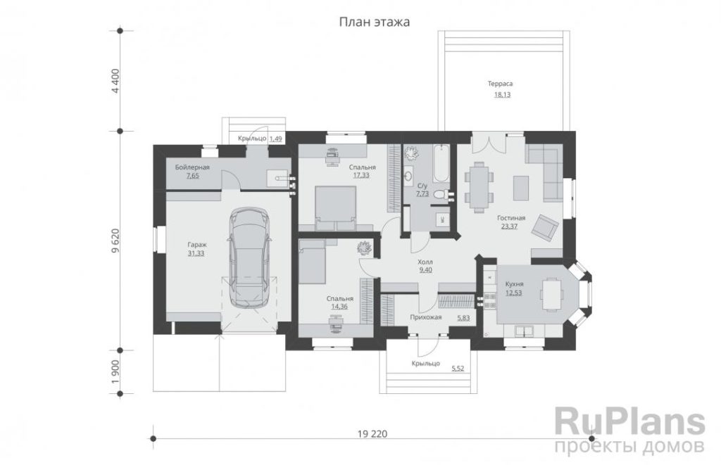 Планировка Проект одноэтажного дома с террасой и гаражом Rg5532