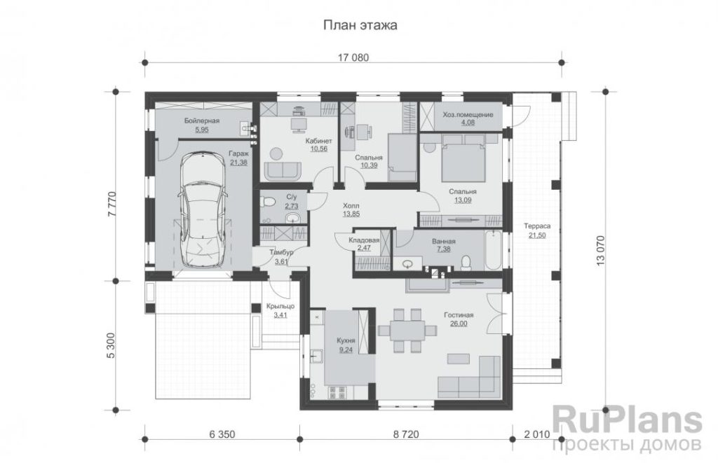Планировка Одноэтажный дом с террасой, гаражом и кабинетом Rg6069