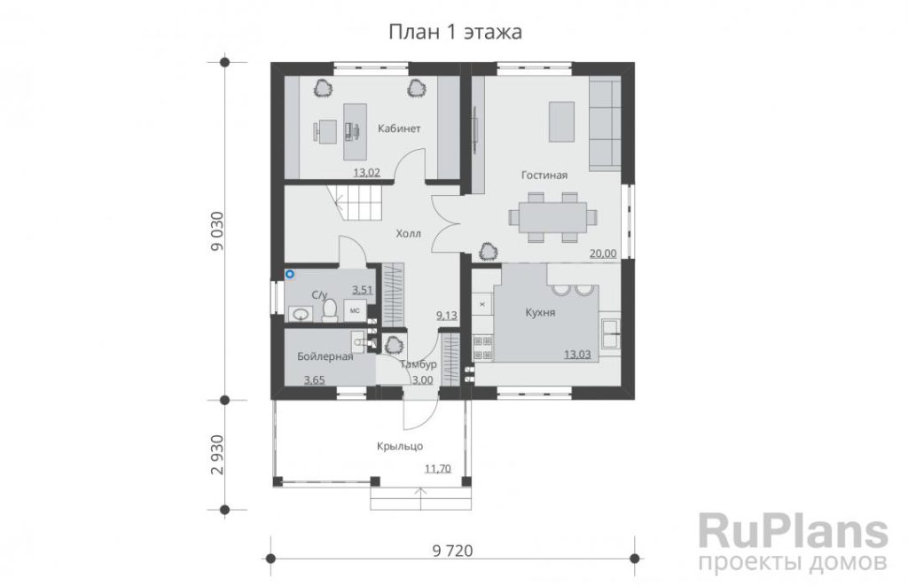 Планировка Проект индивидуального одноэтажного жилого дома с мансардой Rg5408