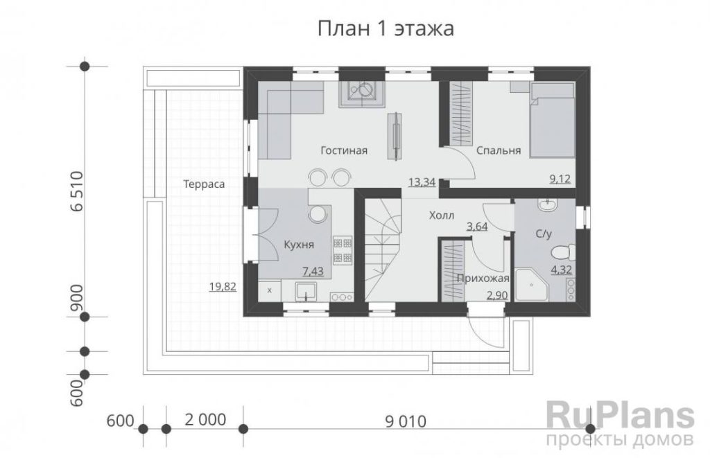 Планировка Одноэтажный жилой дом с мансардой Rg6271