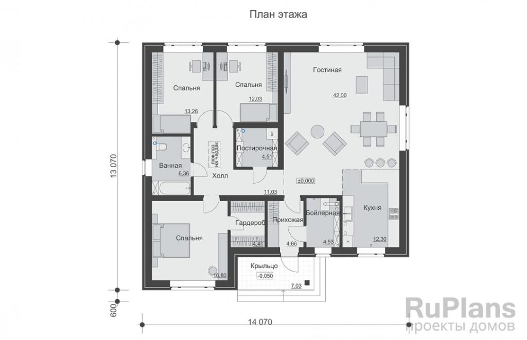 Планировка Одноэтажный дом с тремя спальнями и просторной гостиной Rg6534