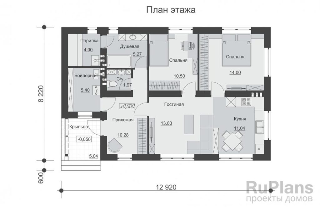 Планировка Одноэтажный дом с двумя спальнями, парилкой и односкатной крышей. Rg6540
