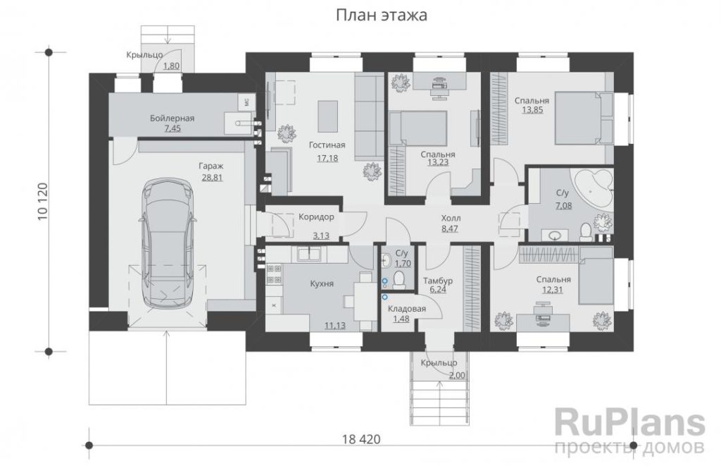 Планировка Одноэтажный жилой дом с гаражом Rg5476