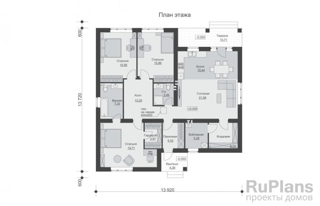 Планировка Одноэтажный дом с террасой и тремя спальнями Rg6569