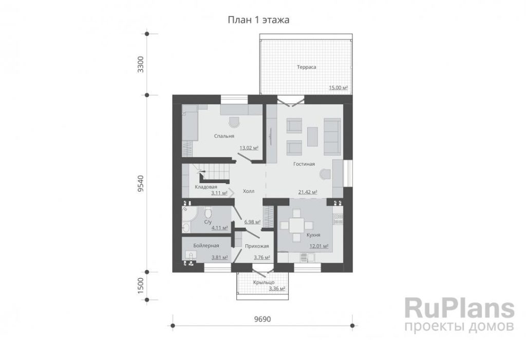 Планировка Одноэтажный дом с мансардой и террасой Rg5254