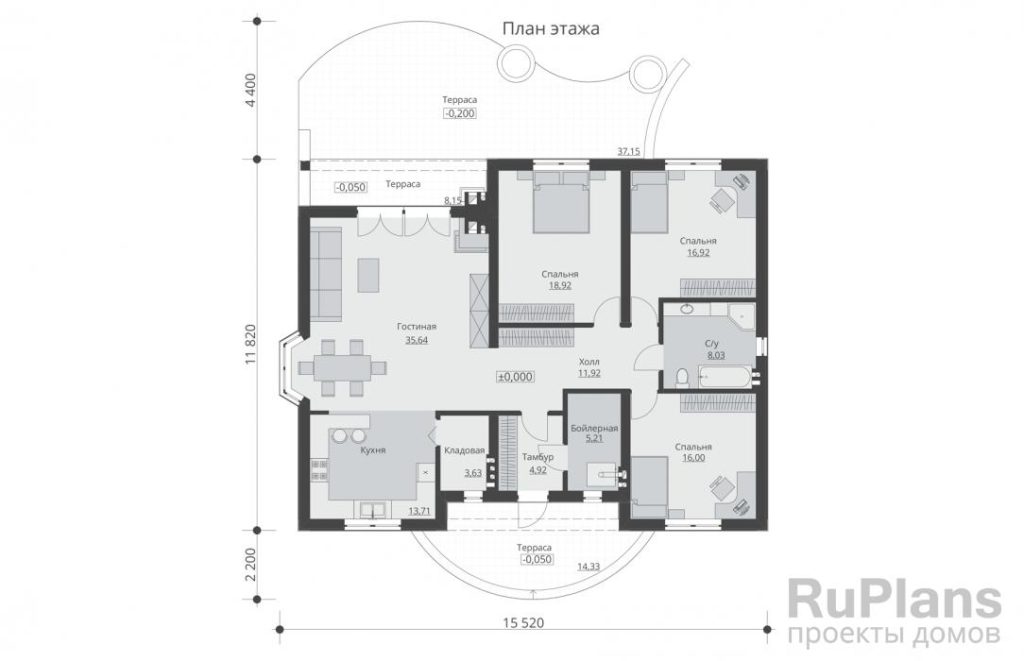 Планировка Проект одноэтажного жилого дома с террасами Rg5201