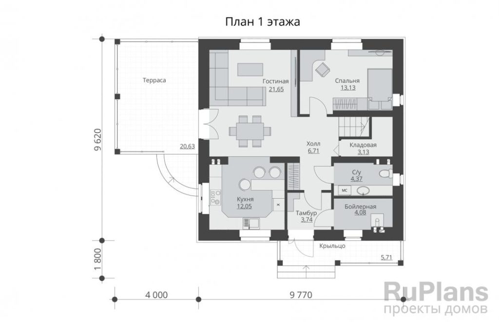 Планировка Одноэтажный дом с мансардой и террасой Rg5229