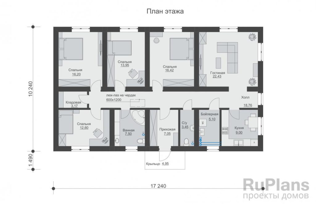 Планировка Одноэтажный дом с 4мя спальнями и отделкой штукатуркой Rg6239