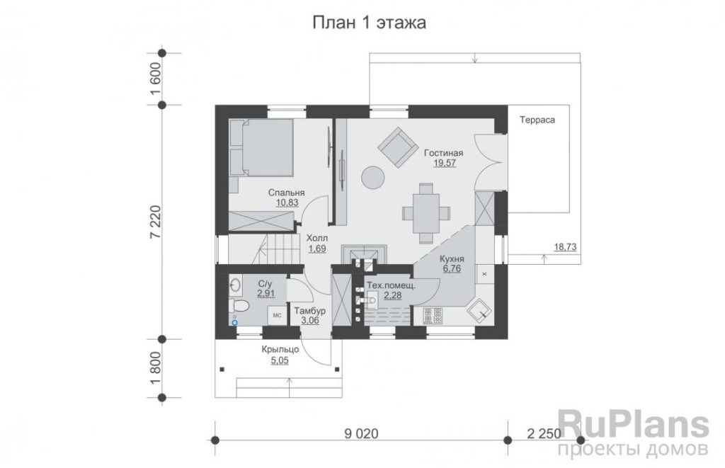 Планировка Одноэтажный дом с мансардой, 4мя спальнями и террасой Rg6159