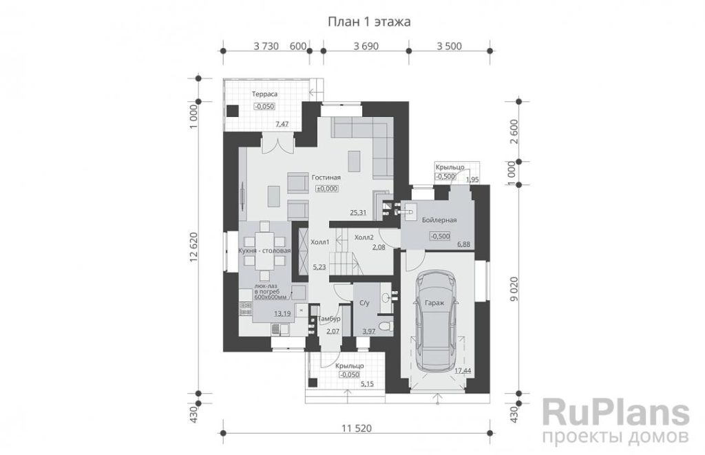 Планировка Одноэтажный дом с мансардой, погребом и гаражом Rg6230