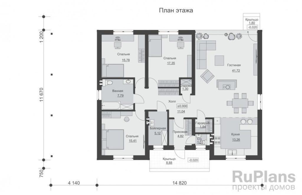 Планировка Одноэтажный дом с тремя спальнями и просторной гостиной Rg6341