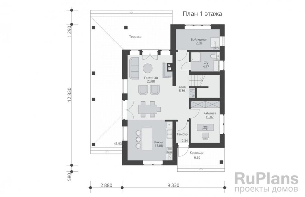 Планировка Одноэтажный дом с мансардой, лоджией и террасой Rg5853