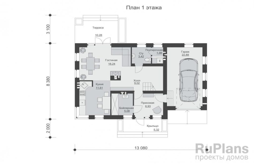 Планировка Одноэтажный дом с мансардой, гаражом, камином и балконом Rg6190