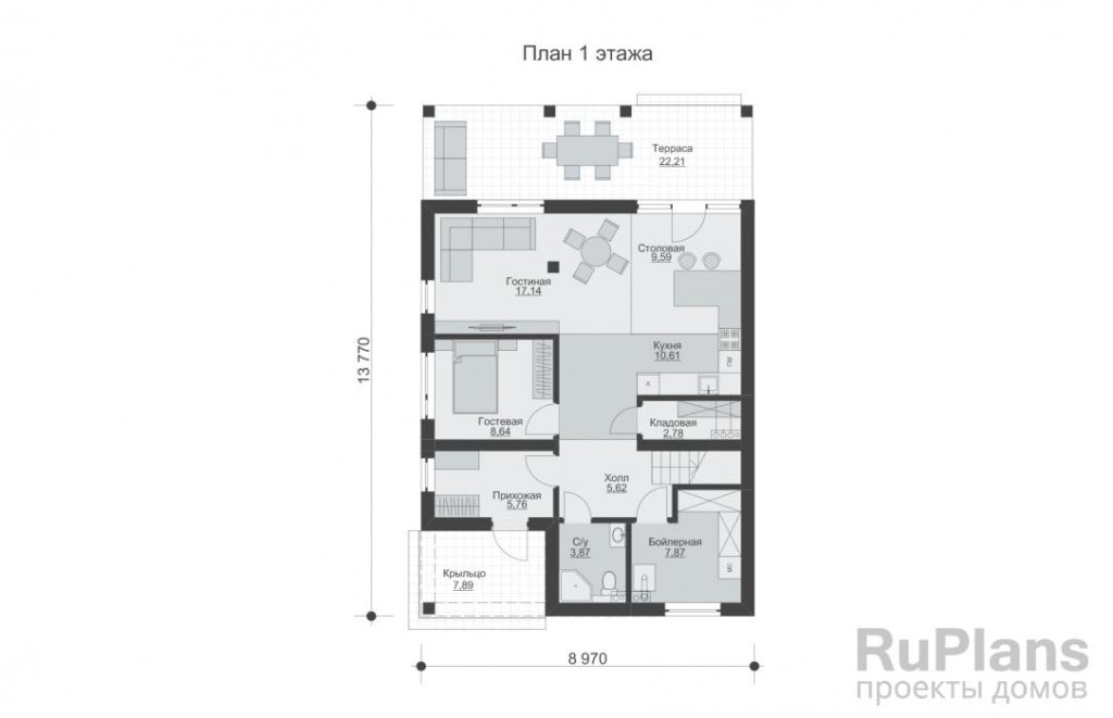 Планировка Двухэтажный дом с большой гостиной-столовой, террасой и балконом Rg6067