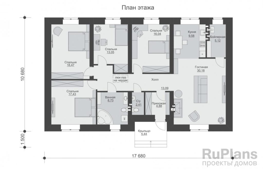 Планировка Одноэтажный дом с четырьмя спальнями и камином Rg6254