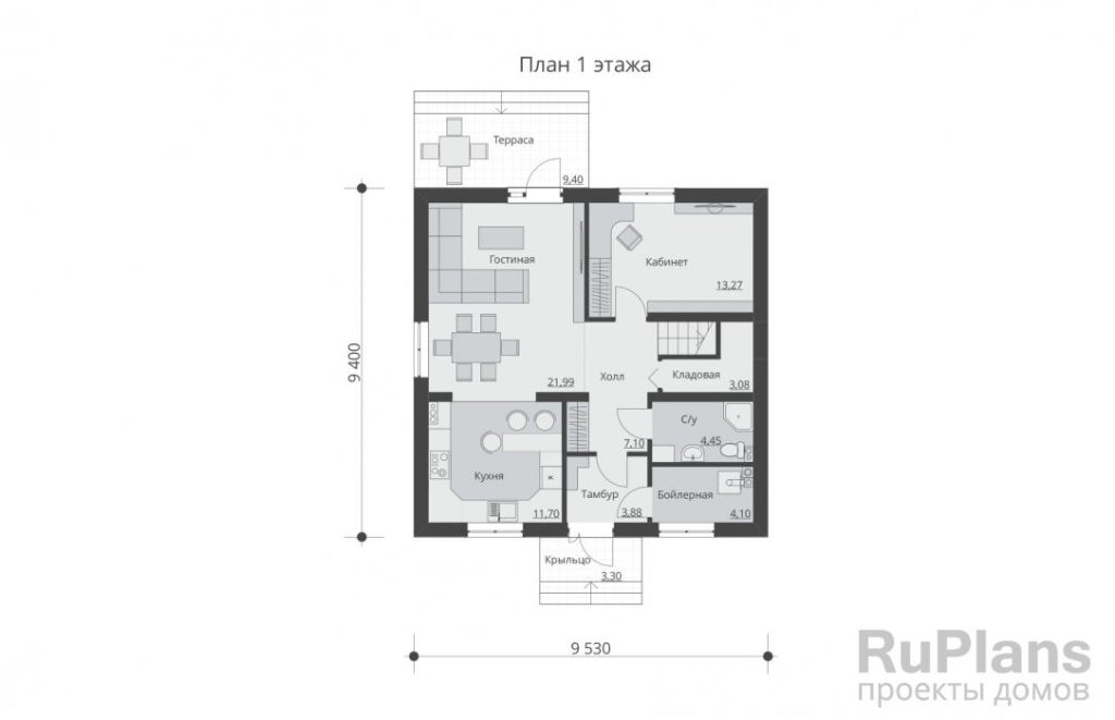 Планировка Проект одноэтажного дома с мансардой и террасой Rg5489