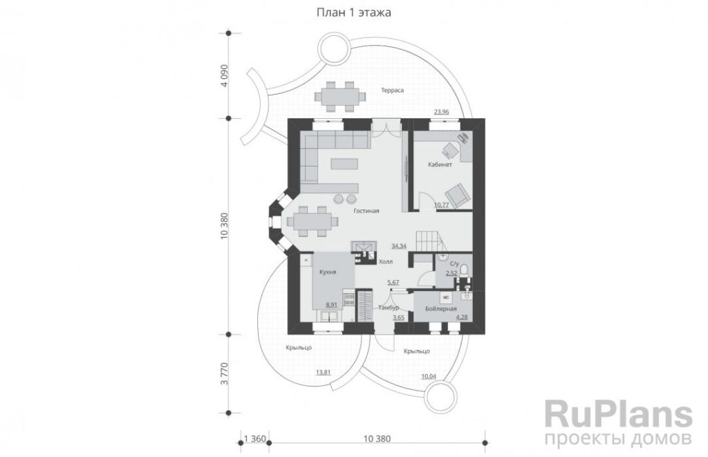 Планировка Проект одноэтажного дома с террасами и мансардой Rg5566