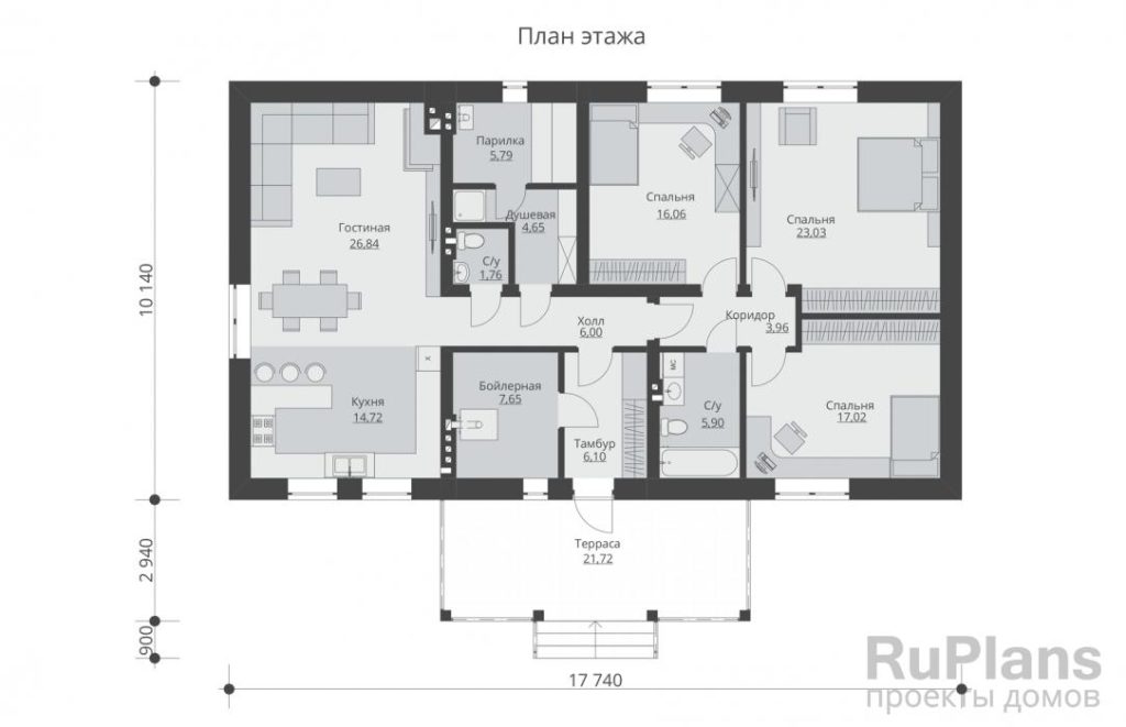 Планировка Проект индивидуального одноэтажного жилого дома с террасой Rg5510