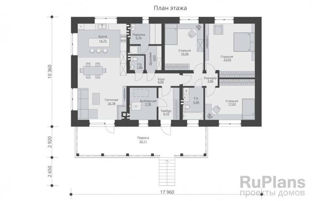 Планировка Одноэтажный жилой дом с террасой Rg5613