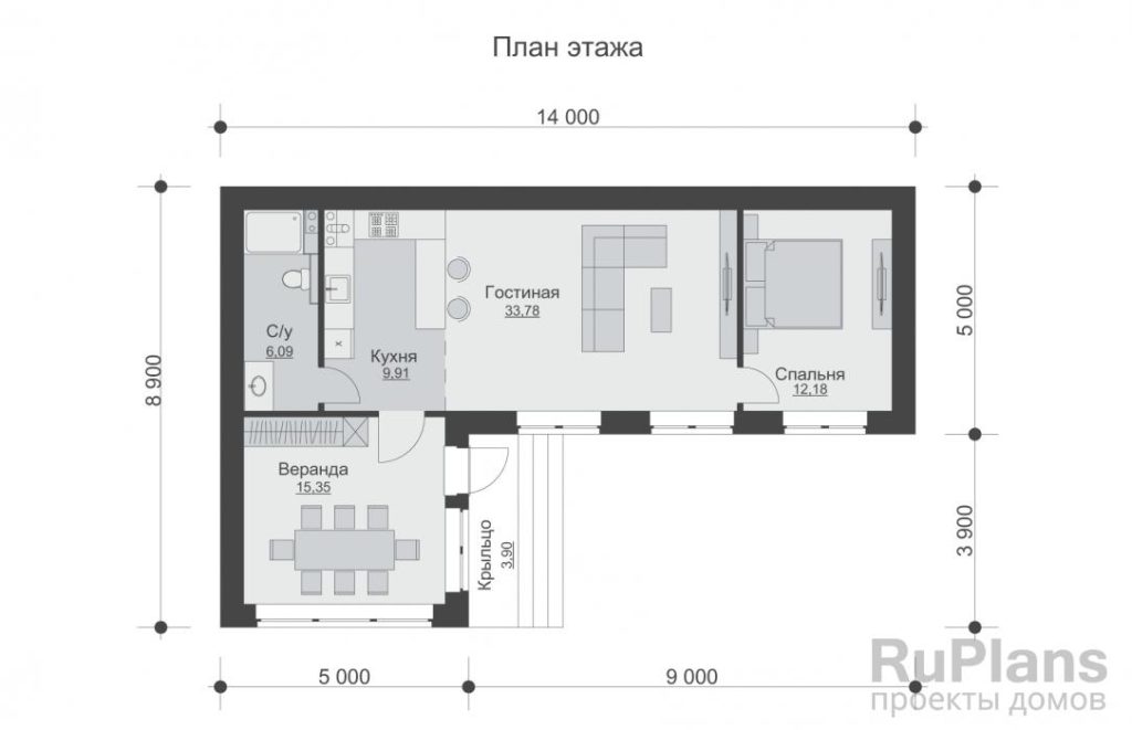Планировка Одноэтажный гостевой дом с отделкой камнем, верандой и 1 cпальней. Rg6029