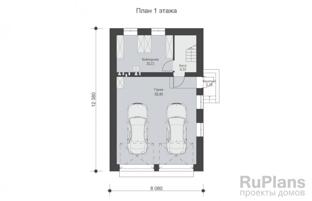 Планировка Эскизный проект одноэтажного гостевого дома с гаражом на два автомобиля и мансардой Rg4777