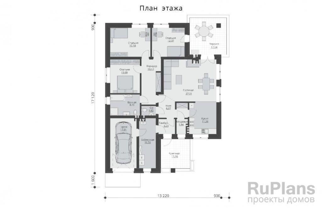 Планировка Одноэтажный дом с тремя спальнями и гаражом Rg5985