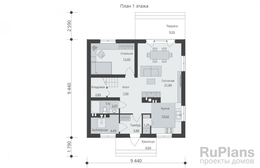 Планировка Одноэтажный дом с мансардой, террасой и балконами Rg5190