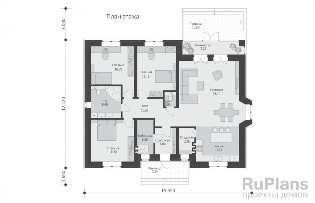 Планировка Проект одноэтажного дома с террасой и зимним садом Rg5817