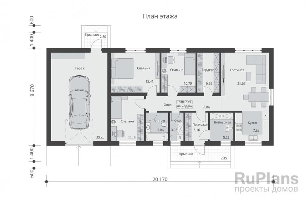 Планировка Одноэтажный дом с гаражом, тремя спальнями и выходом на чердак Rg6065