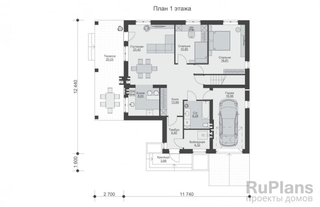 Планировка Одноэтажный дом с мансардой, террасой и гаражом Rg3973