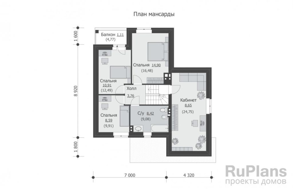 Планировка Проект одноэтажного дома с мансардой Rg5717
