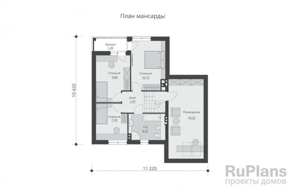 Планировка Одноэтажный дом с мансардой, гаражом и террасой Rg5263