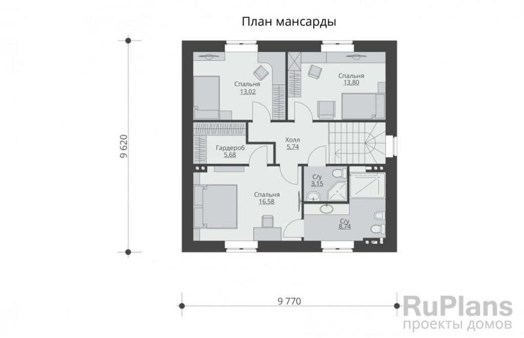 Планировка Одноэтажный дом с мансардой и террасой Rg5229