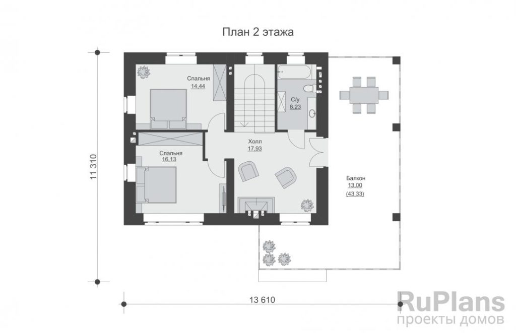 Планировка Двухэтажный жилой дом с террасой, балконом и двумя каминами Rg6237