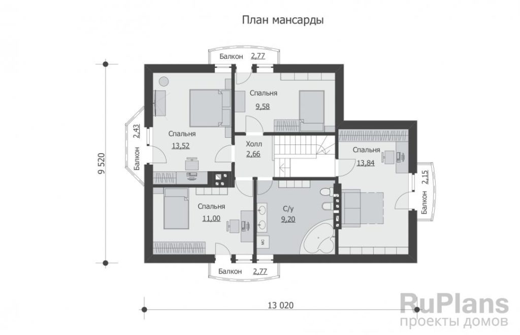 Планировка Одноэтажный дом с мансардой Rg5716