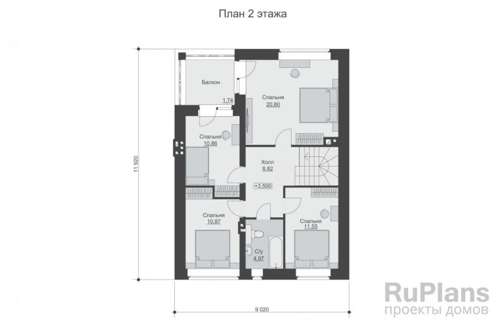 Планировка Двухэтажный дом с террасой, гаражом и облицовкой кирпичом Rg6245
