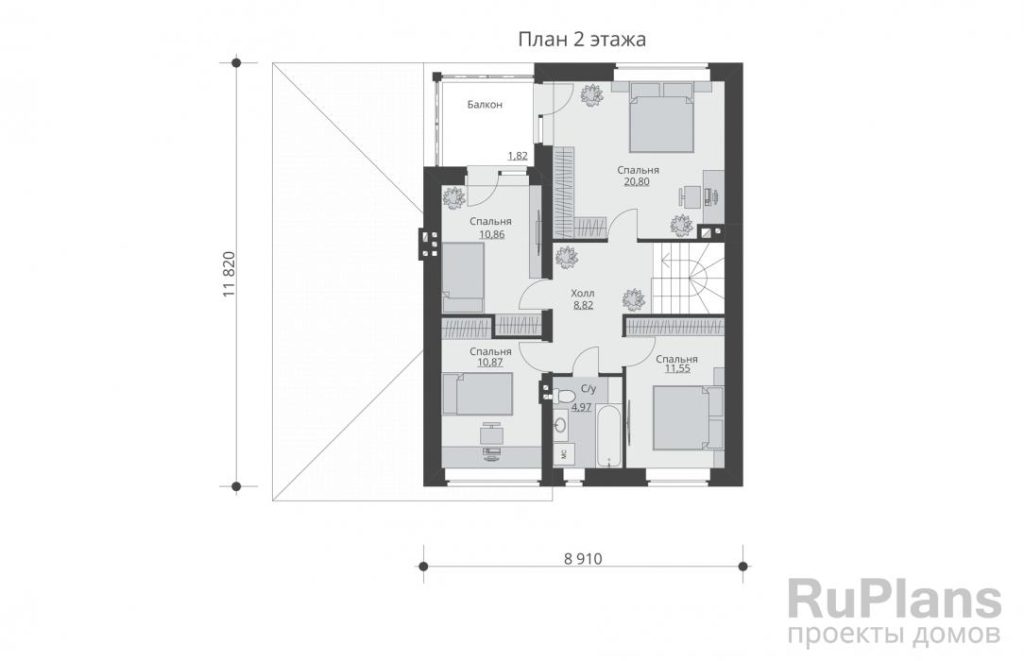 Планировка Двухэтажный жилой дома с гаражом, террасой и балконом Rg5497