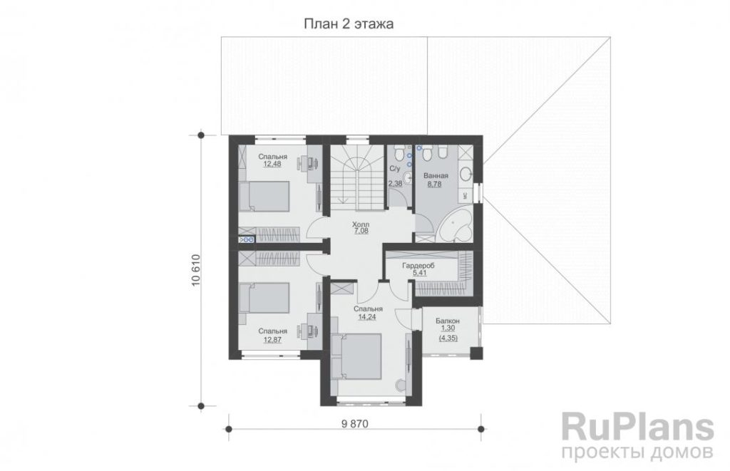 Планировка Двухэтажный дом с кухней-столовой, гаражом, тремя спальнями и балконом. Rg6576